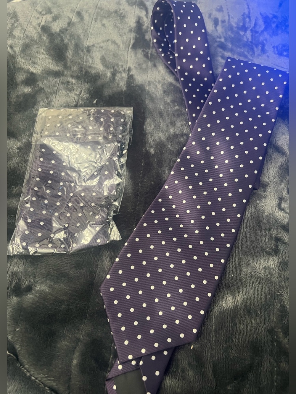 Men's Polka Dot Neck Tie & handkerchief - Purple with White Dots